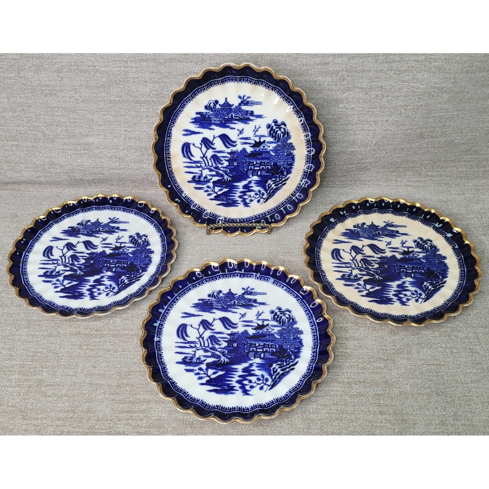 Antique Victorian Copeland Spode Blue Willow 8" Plates Set of 4 Scalloped Gilt